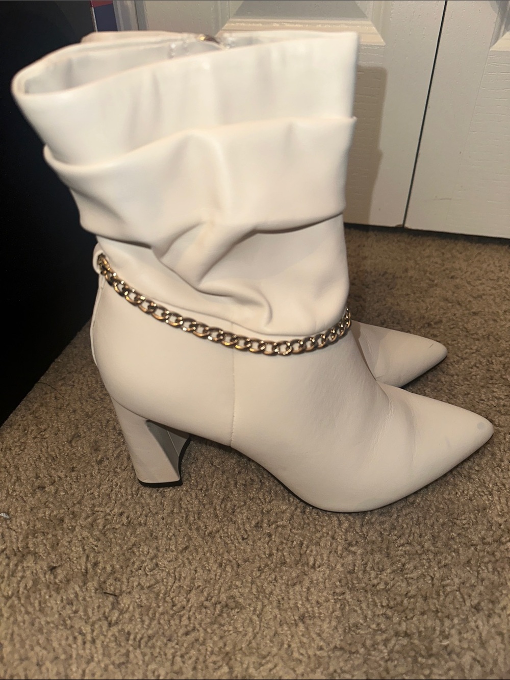 Marc Fisher White Slouch Ankle Boots with Gold Chain